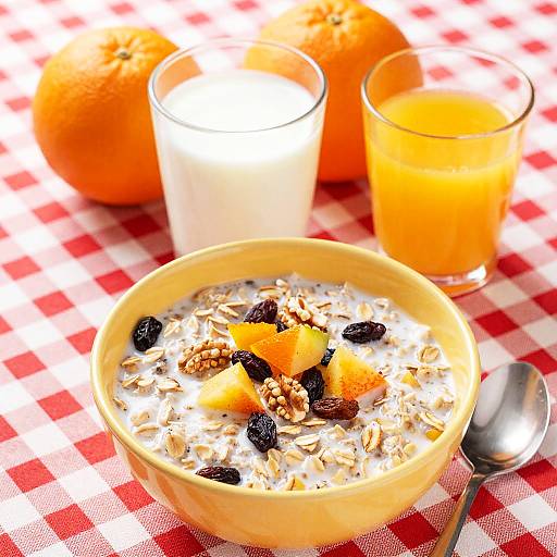 Photograph of a bowl of oatmeal with orange pieces, raisins, and nuts, accompanied by two glasses of orange and white juice, on a