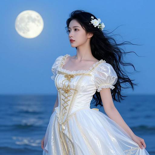 Photograph of an East Asian woman with long black hair, wearing a white, gold-embroidered, puffy-sleeved dress, standing