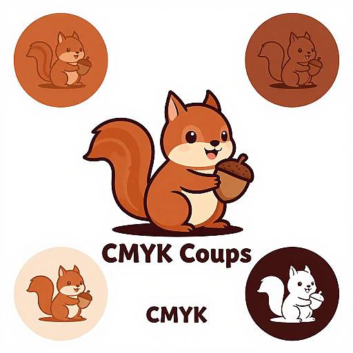 Digital illustration of a cute, red-orange cartoon squirrel holding a nut, surrounded by smaller circular images of the same squirrel. Text reads 