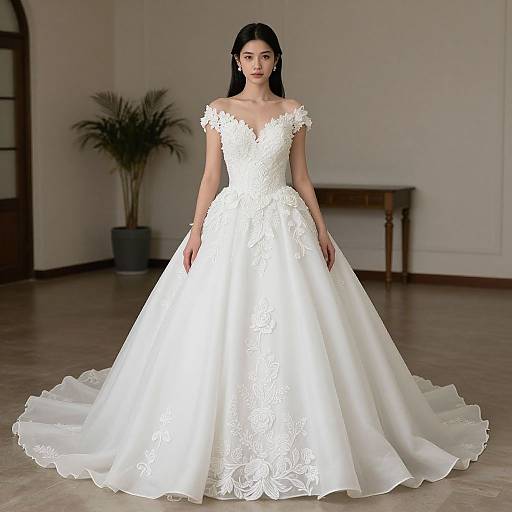 Photograph of a woman with long black hair wearing an elegant, white lace, off-shoulder wedding gown with a full, flowing skirt, standing