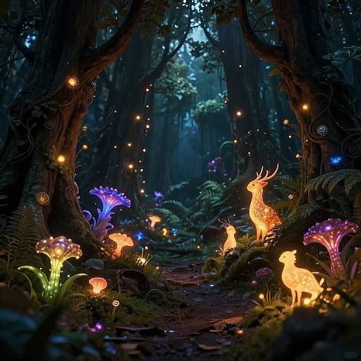 Enchanted forest at night, illuminated by glowing mushrooms, fireflies, and luminous deer, creating a magical, vibrant, and whimsical scene