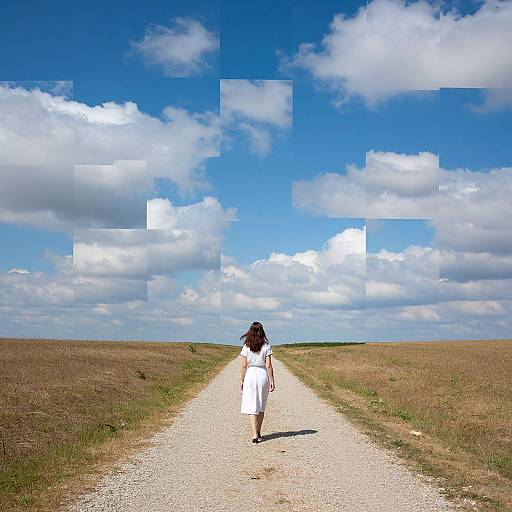 Photograph of a woman in a white dress walking down a gravel road through a vast, grassy field under a bright blue sky with scattered white clouds