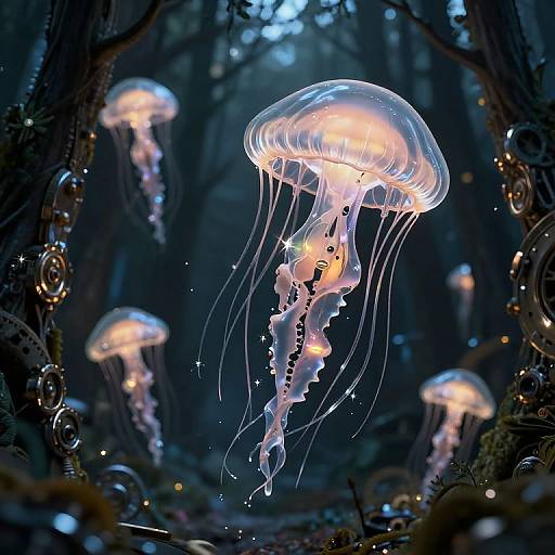 Clockwork Jellyfish in Metallic Forest