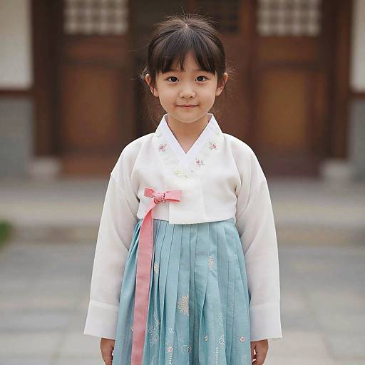 Photograph of a young Asian girl with black hair in a traditional Korean hanbok; white top, blue skirt with pink ribbon, standing in front