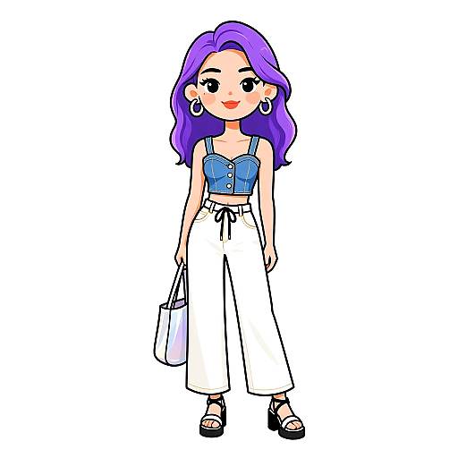 Cartoon-style drawing of a smiling woman with purple hair, wearing a blue top, white high-waisted pants, black sandals, and holding a