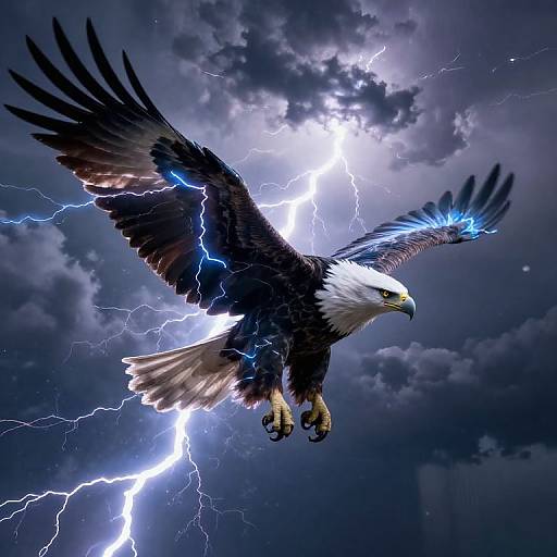 Digital artwork of a powerful bald eagle with glowing blue electricity on wings and talons, flying against a stormy, lightning-filled sky.
