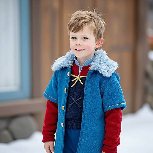 Photograph of a young boy with light brown hair, wearing a blue coat with a gray fur hood, red shirt, and blue pants, standing outdoors