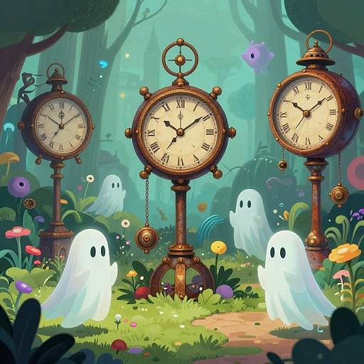 Whimsical forest scene: Three antique clocks with ghostly white spirits, colorful flowers, and mushrooms; eerie yet playful, digital illustration.