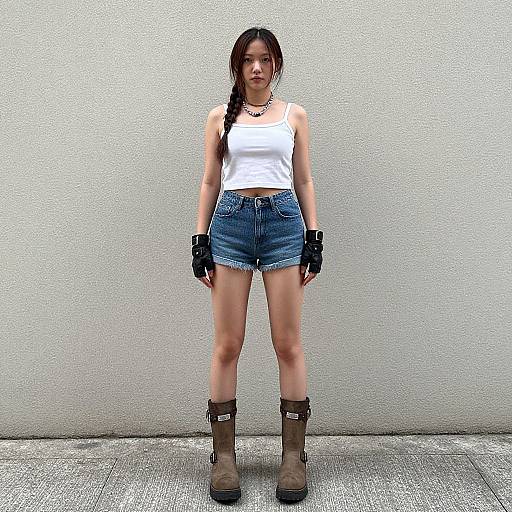 Photograph of a young woman with long brown hair in a braid, wearing a white tank top, denim shorts, black gloves, and brown boots