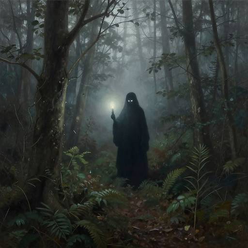 Mysterious, shadowy figure with glowing eyes and raised hand stands in a foggy, dark forest, illuminated by a faint light. Digital art.