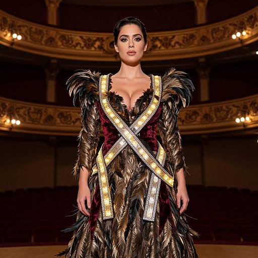 Photograph of a female model in an opulent, feathered, black and gold dress with a diagonal silver ribbon, walking a dimly lit,
