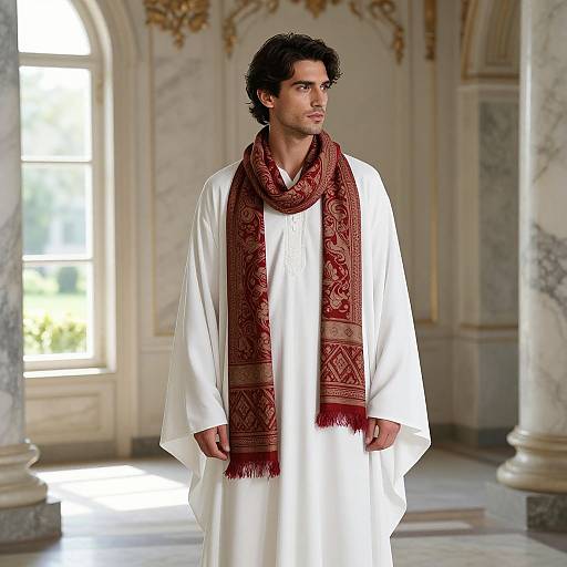 Photograph of a young man with curly black hair, wearing a white traditional robe and a red patterned scarf, standing in a marble-floored