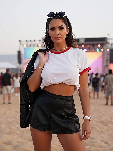 Photograph of a confident woman with long dark hair, wearing a white cropped t-shirt, red trim, black shorts, black jacket, and sunglasses on