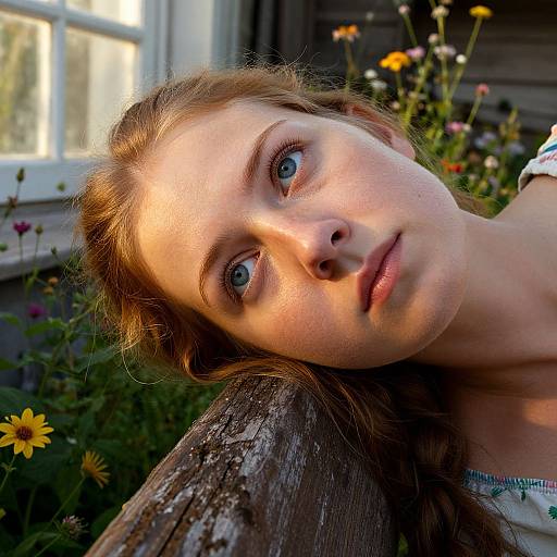 Photograph of a young woman with fair skin, blue eyes, and reddish-brown hair, leaning on a weathered wooden post, surrounded by