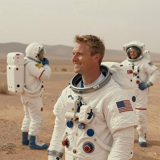 Three Male Astronauts in Desert Landscape