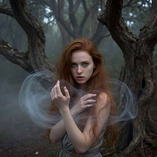 Photograph of a pale, red-haired woman with blue eyes, surrounded by mist, standing in a dark, twisted forest, conjuring blue smoke with
