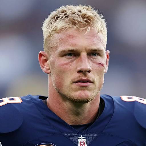 Photograph of a serious, blonde, blue-eyed NFL quarterback with a slight beard, wearing a dark blue jersey with white accents, showing a small bru