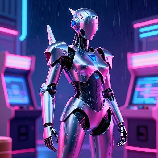 Neon-lit cyberpunk scene: shiny, silver female humanoid robot with blue accents stands in rain, flanked by glowing arcade machines.