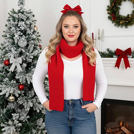 Photograph of a smiling blonde woman with wavy hair, red bow, red scarf, white top, blue jeans, standing in front of a snow