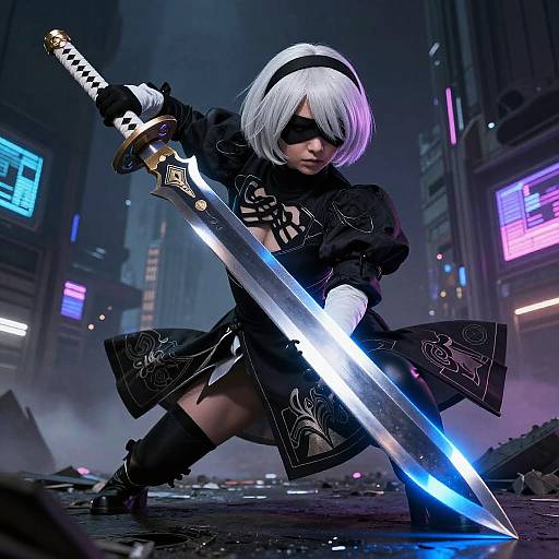 Digital art of a white-haired, blindfolded female warrior in black armor, wielding a glowing blue sword in a neon-lit, futuristic city.