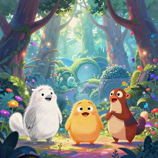 Colorful forest scene with three cartoon animals: fluffy white, yellow, and brown, standing on a sunlit path surrounded by vibrant flowers and lush trees