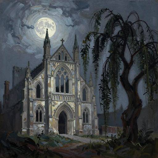 Gothic Cathedral Ruin Under Moonlight