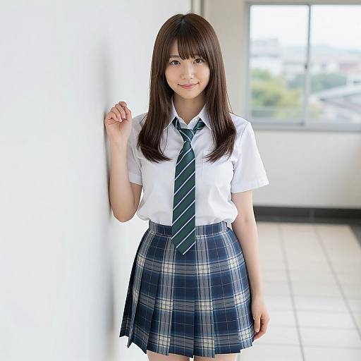 Japanese Schoolgirl in Uniform Smiling Indoors
