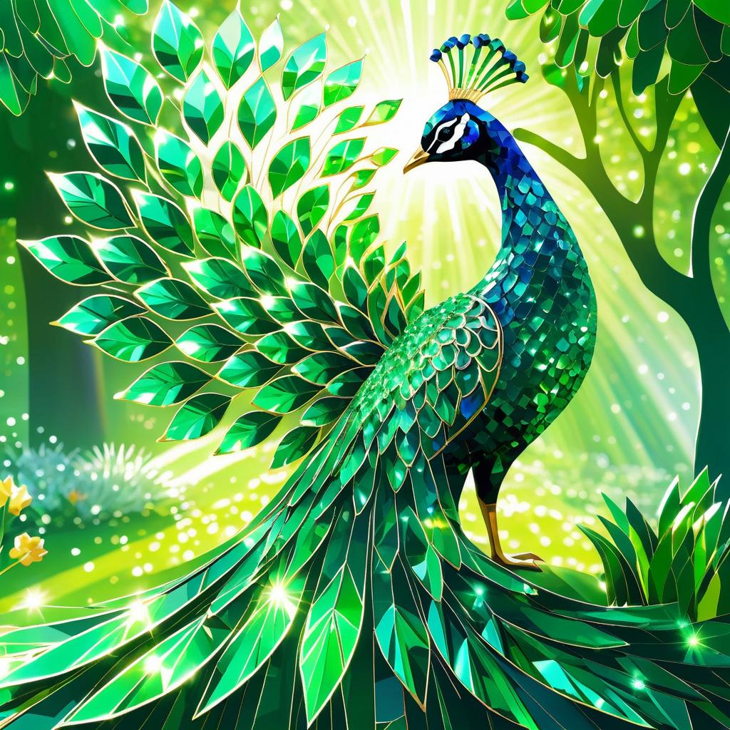 Emerald Peacock in Whimsical Garden Scene