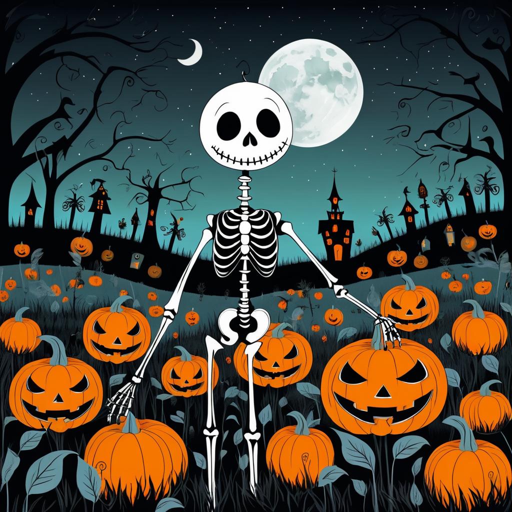 Whimsical Skeleton in Pumpkin Patch Art