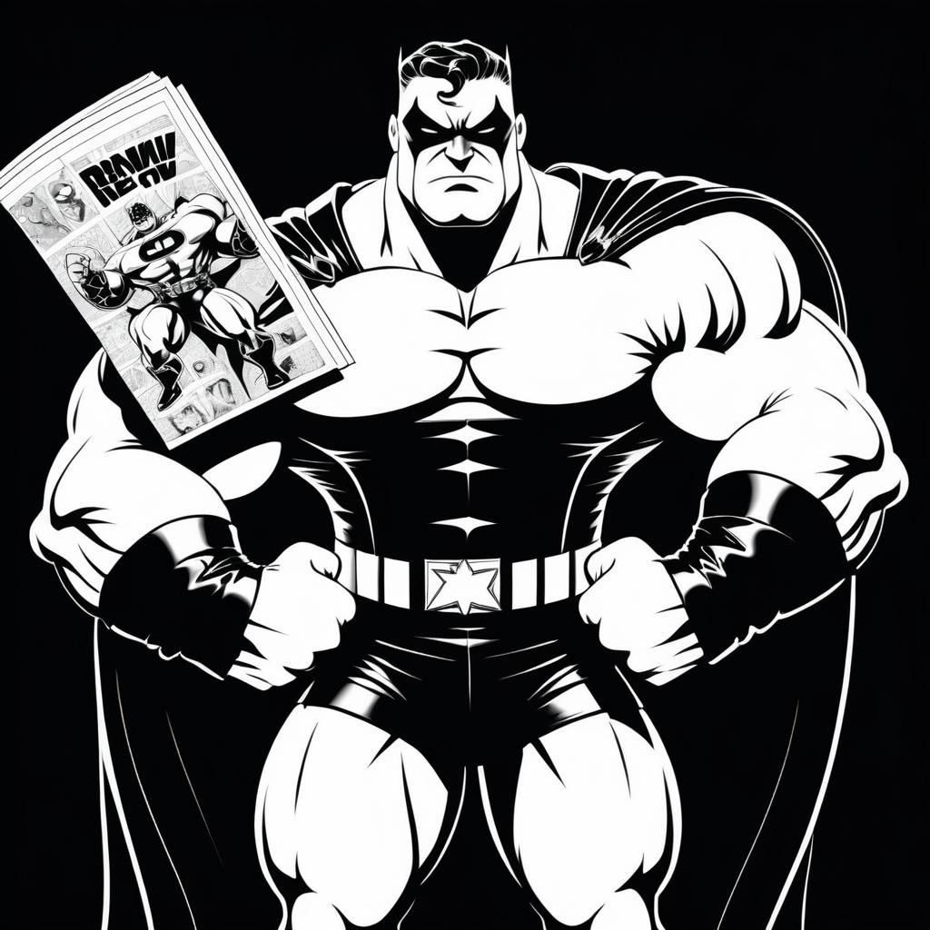 Exaggerated Black-and-White Superhero Caricature