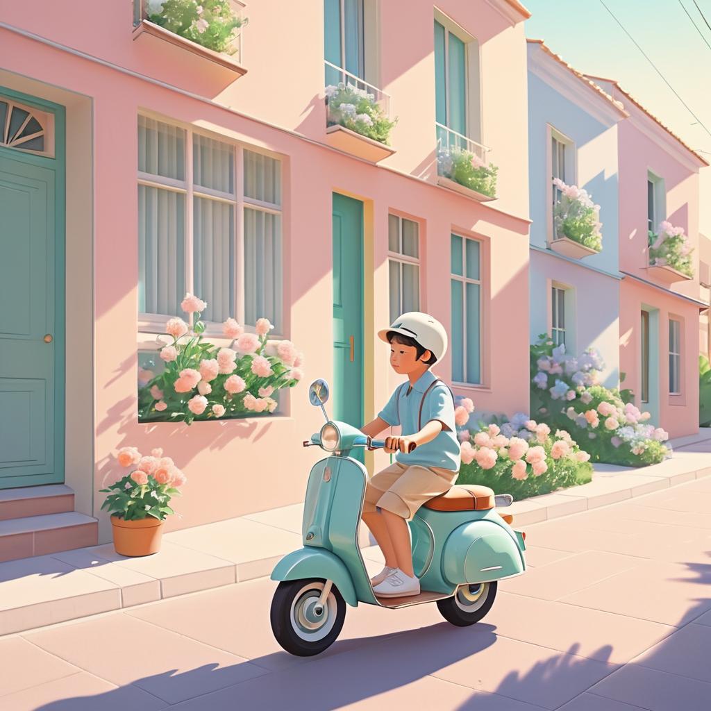 Nostalgic Boy on Scooter Illustration