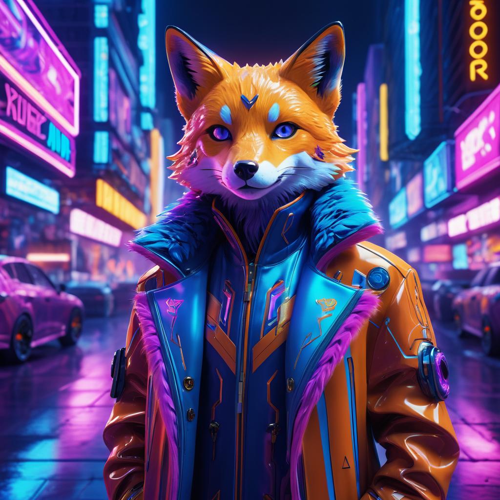 Confident Cyberpunk Fox in Futuristic City