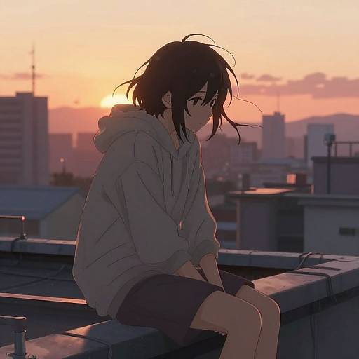 Melancholic Anime Rooftop Sunset