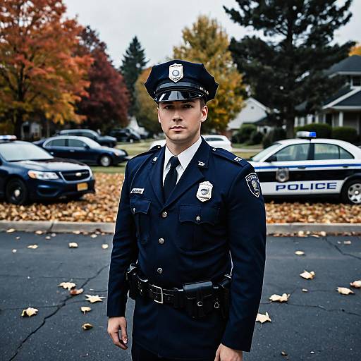 Young Male Police Officer in Suburban Autumn Setting