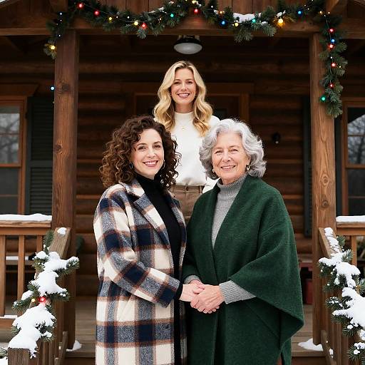 Joyful Women on a Snowy Porch