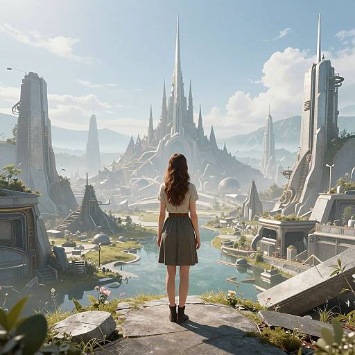 Digital art: A woman with long brown hair, in a white blouse and gray skirt, stands on a stone path, facing a futuristic, castle-filled