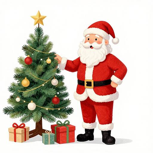 Digital illustration of Santa Claus in red suit, black belt, and hat, decorating a green Christmas tree with gold star, ornaments, and gifts at his