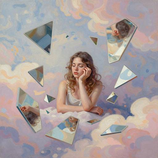 Digital painting of a wistful woman with curly hair, wearing a white dress, surrounded by floating mirrors, set against a pastel, cloud-like