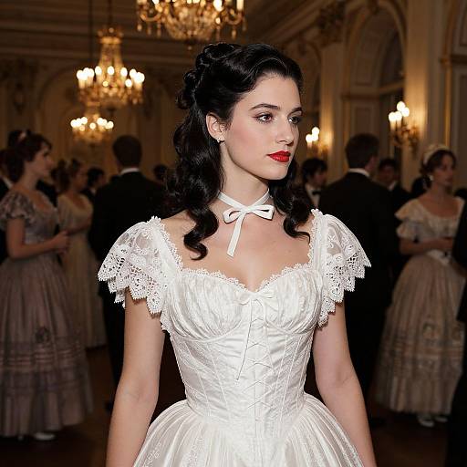 Photograph of a fair-skinned woman with dark, wavy hair in an elegant, white, lace-trimmed, 1940s-style