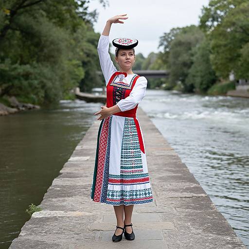 Photograph of a woman in traditional Eastern European folk dress, standing on a riverbank, raising her right arm, surrounded by lush greenery.