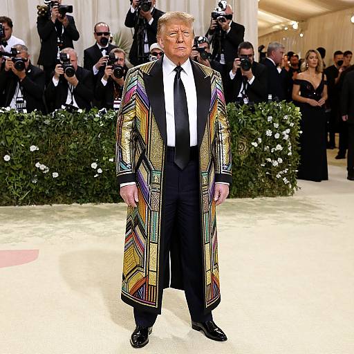 Photograph of Donald Trump in a colorful, geometric-patterned, long black coat with a white shirt and black tie, standing on a white carpet,