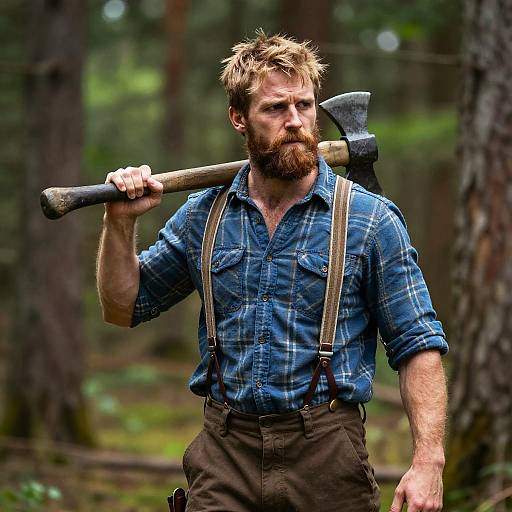 Rugged Lumberjack with Axe in Forest
