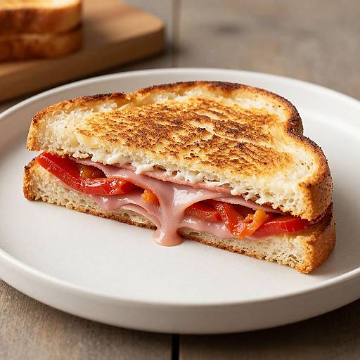 Photograph of a grilled sandwich with slices of tomato and melted cheese on a white plate, showcasing crispy golden-brown bread.