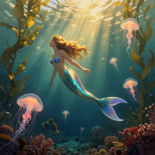 Photorealistic digital art of a shimmering blue-green mermaid with flowing hair, surrounded by glowing jellyfish and vibrant underwater corals, bathed