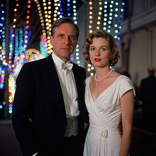 Photograph of a 1940s-style couple in formal attire; man in black tuxedo, woman in white dress, standing in front of