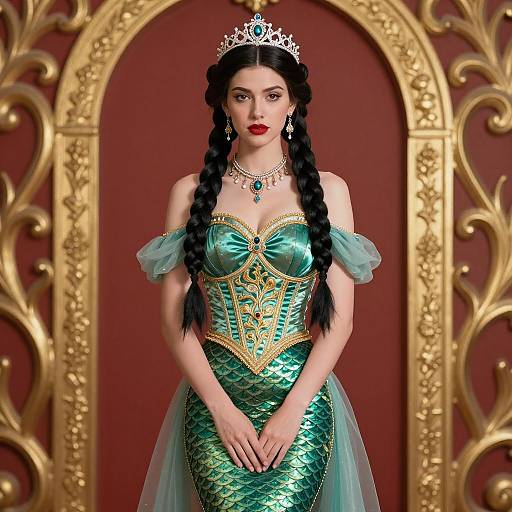 Regal Mermaid Princess in Green and Gold Corset Dress