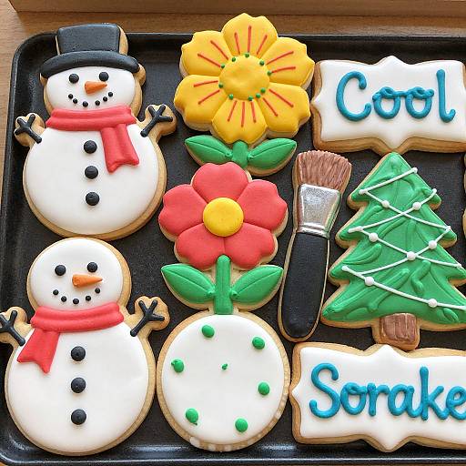 Photograph of colorful Christmas-themed sugar cookies: two snowmen, yellow flower, red flower, green tree, paintbrush, and names 