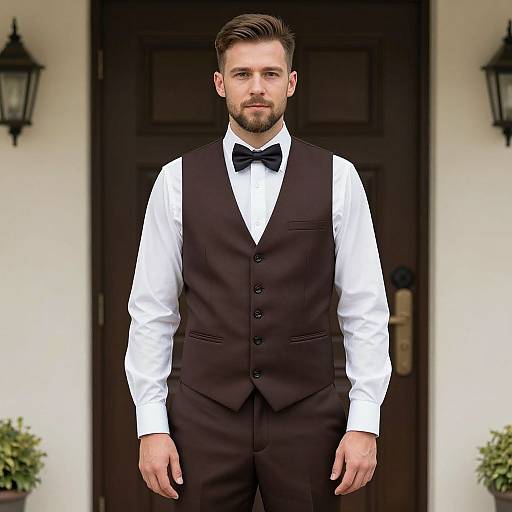 Photograph of a handsome, bearded man with styled brown hair, wearing a black vest, white shirt, and black bow tie, standing in front