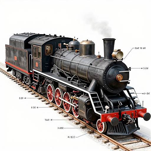 Photograph of a vintage black steam locomotive with red wheels and accents, labeled dimensions, on railway tracks, white background.