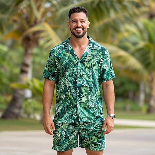 Smiling man with short dark hair and beard, wearing a green tropical leaf print shirt and shorts, standing outdoors among palm trees. (Photograph)